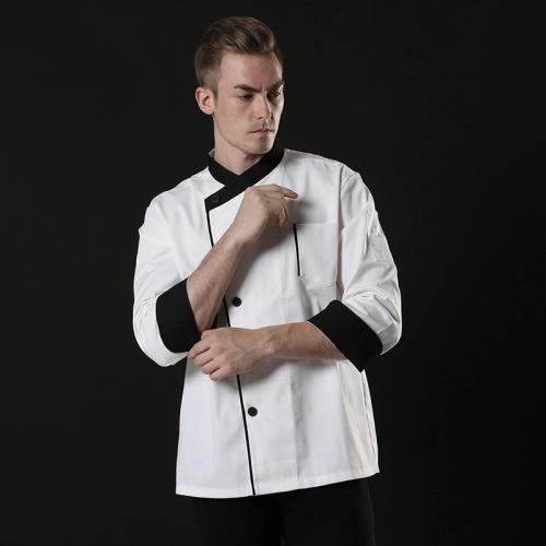 right openning breathable cotton blends fabric black collar hem white chef uniform chef coat jacket