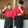 long sleeve stripes collar hem waiter waitress shirt blouse (free apron) Color Red