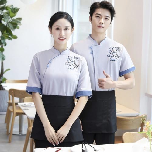 2022 new design  lotus print women men waiter fu wu yuan workwear uniform