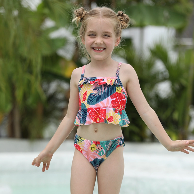 2025 lovely plant leaves print two-piece kid bikini swimwear children girl swimsuit free shipping