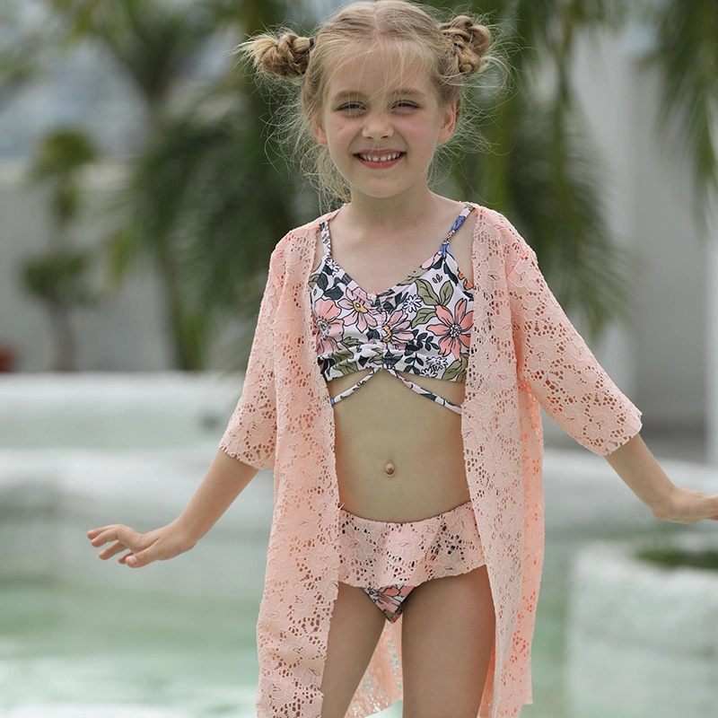 2025 lace fabric triple kid bikini swimwear children girl swimsuit