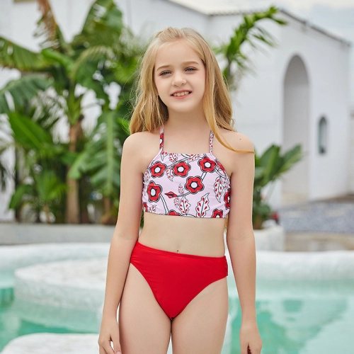 2025 fashion red flowers print girl two-piece swimwear teen swimming wear