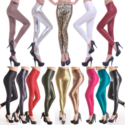 elastic high waist design women girl pu leather pant leggings