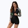 2025 girl swimwear tropical plants printing one-piece long sleeve swimwear model 1013